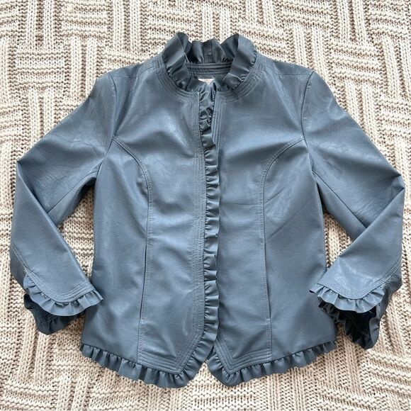 Hot In Hollywood Slate Faux Leather Ruffle Cottagecore Academia Jacket Blazer L - Picture 10 of 16
